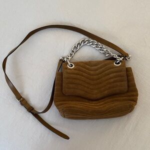 Rebecca Minkoff Brown Suede Quilted Shoulder Bag with Silver Chain